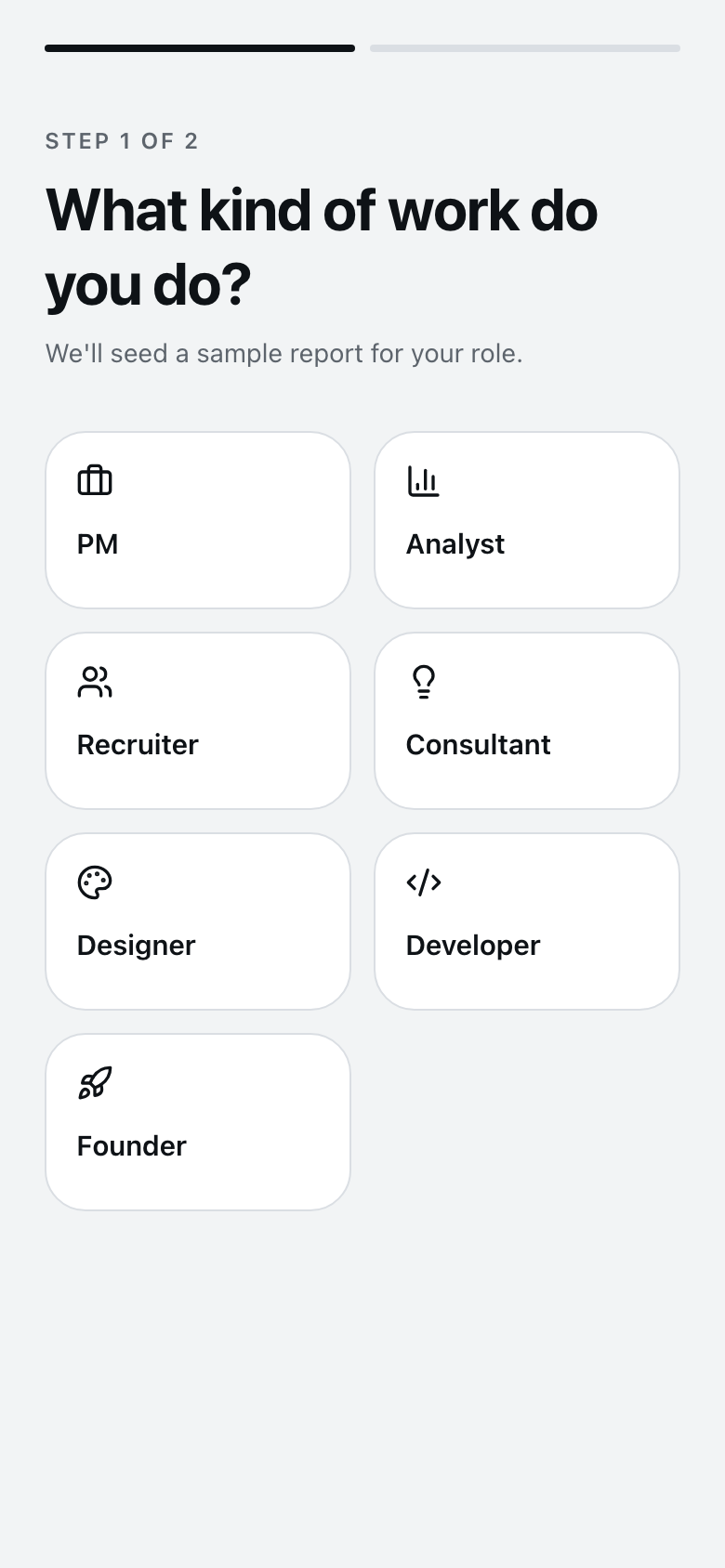 AI Expense Report setup screen showing seven role cards: PM, Analyst, Recruiter, Consultant, Designer, Developer, Founder
